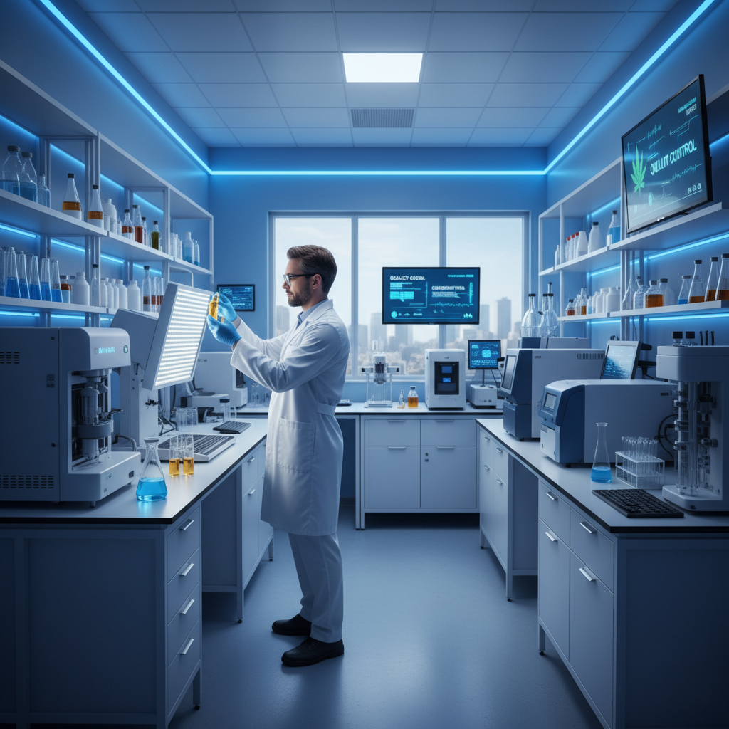 Wetenschapper test CBD olie kwaliteit in modern laboratorium