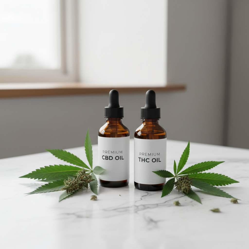 Premium CBD olie en THC olie flesjes op marmeren ondergrond met hennepbladeren